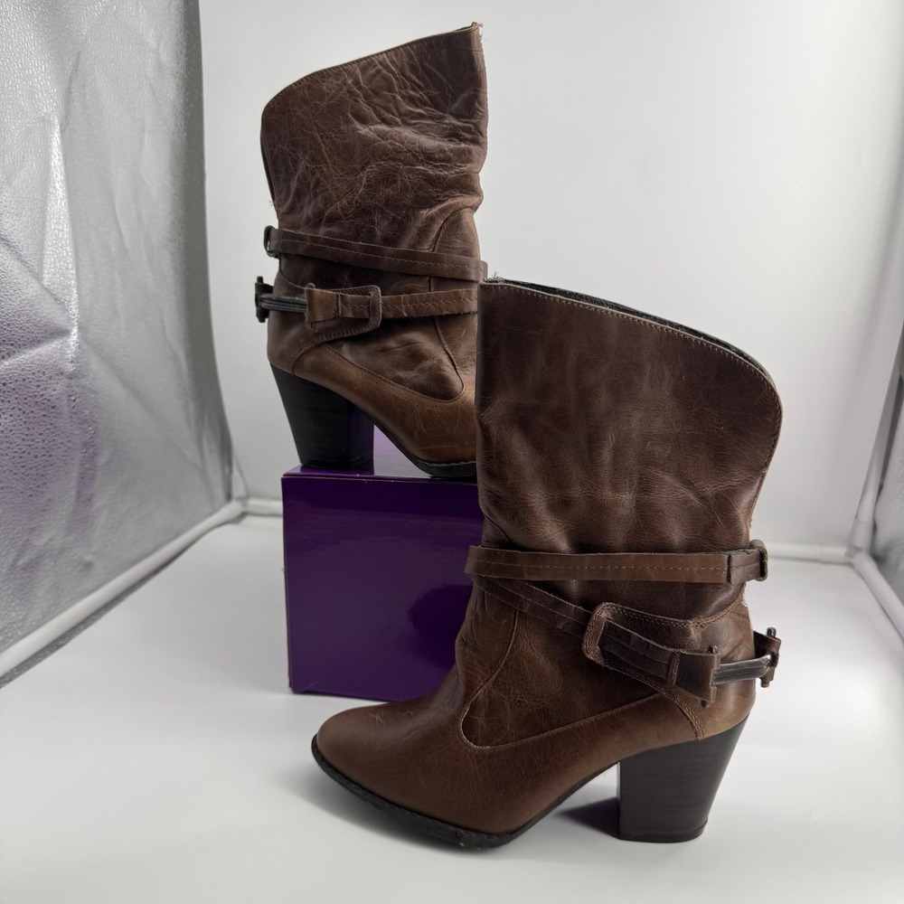 Andrea Women's Brown Leather Mid-Calf Boots Strap Buckle Block Heel Size 6.5